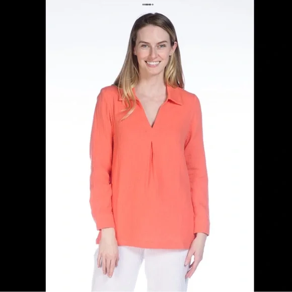 🌟Tangerine-Bubble Gauze Shirt with Collar - Picture 1 of 4